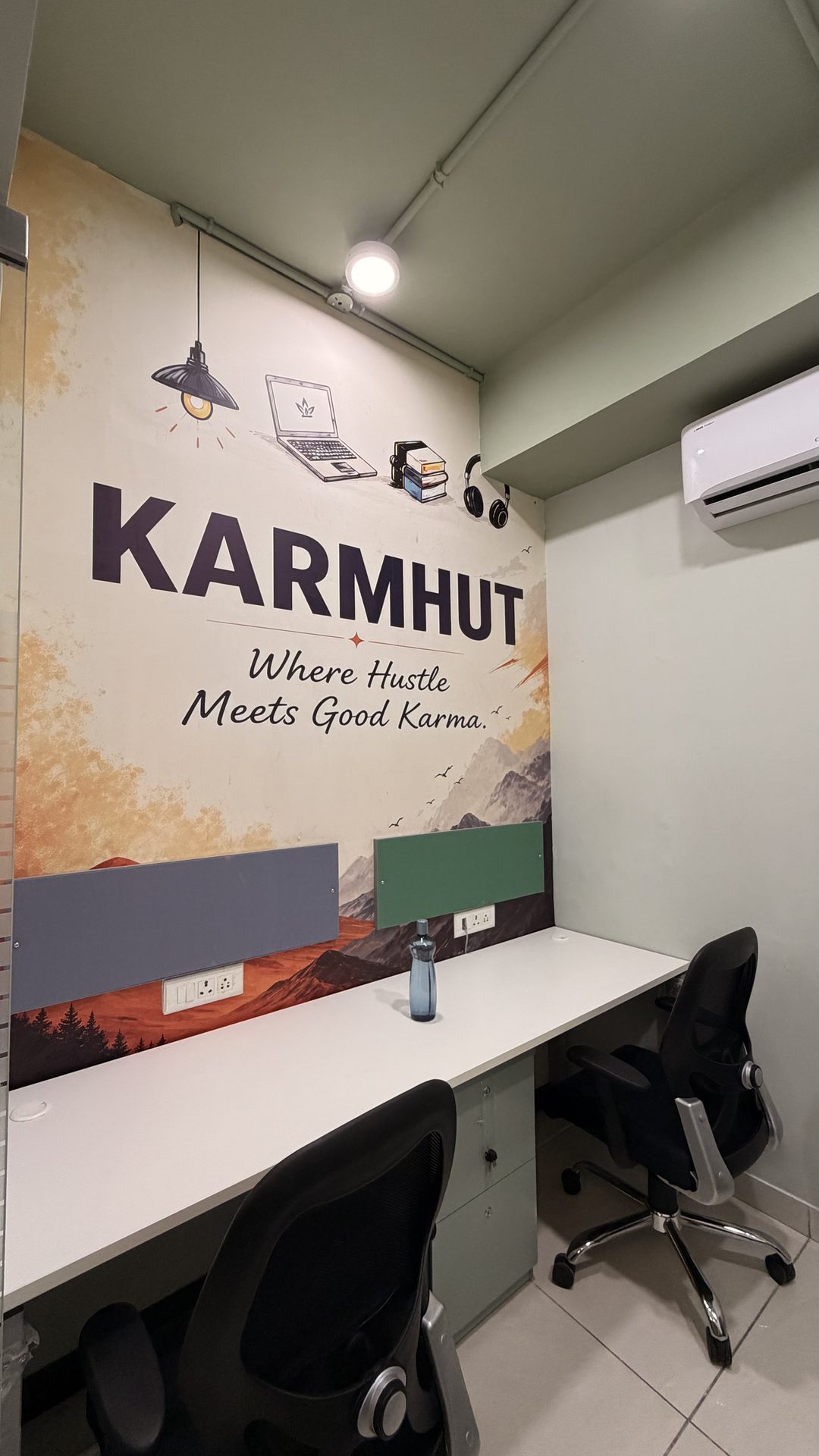 Private furnished cabin at Karmhut with branded mural